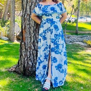 Saks Fifth Avenue Off-Shoulder Blue Tassel Split Floral Maxi Dress Size: Small